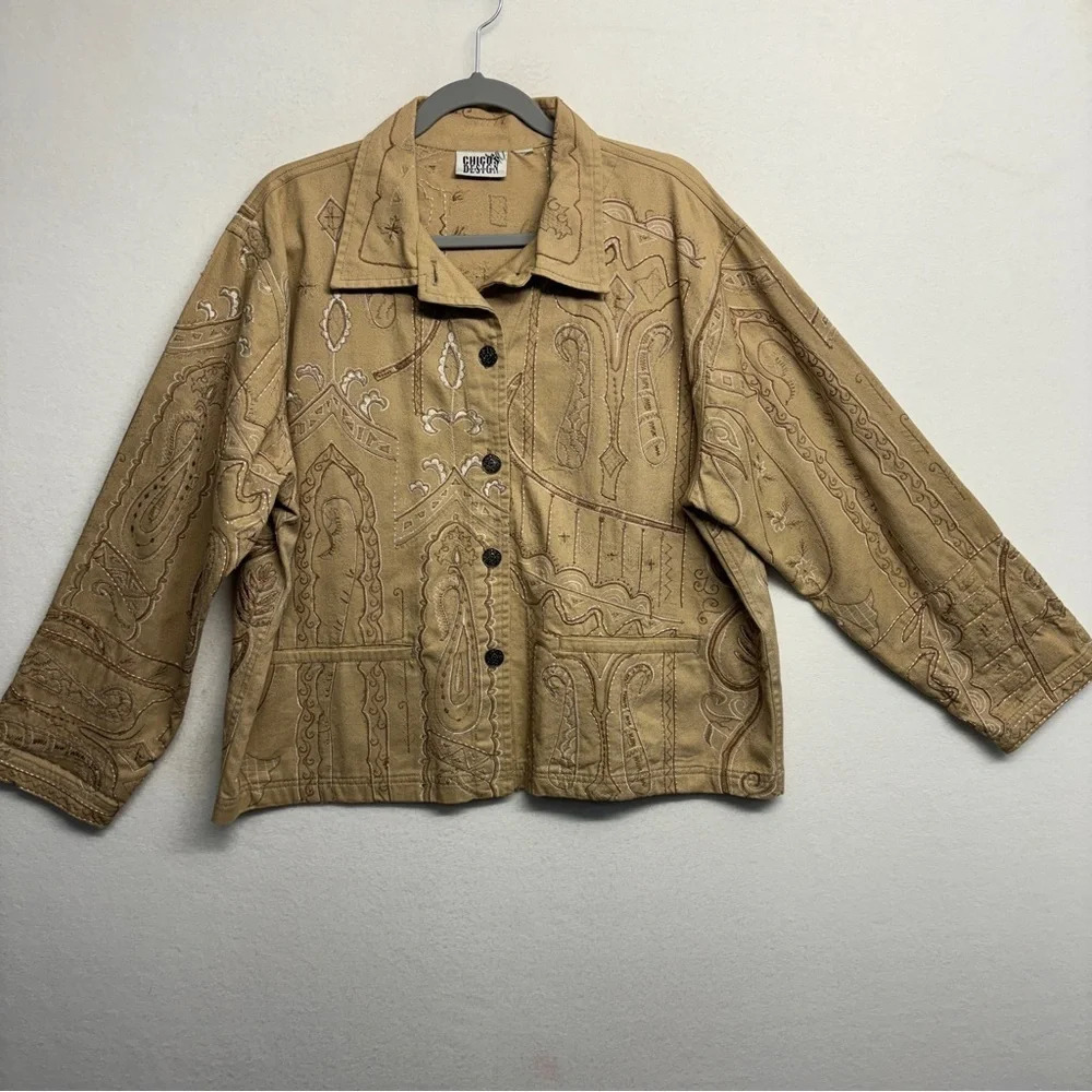 Chico's‎ Design Tan Heavily Embroidered Cotton Canvas Jacket Buttons L/XL?
